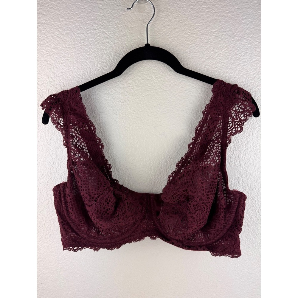 Cacique 40DD Burgundy Lace Balconette Bra Full Coverage Underwire Adjustable‎
